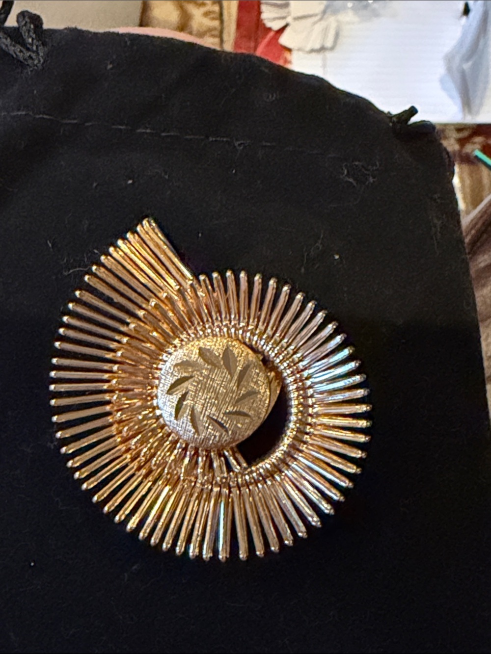 Gold Sunburst Scarf Ring with Blue and Yellow Floral Scarf - Western Germany